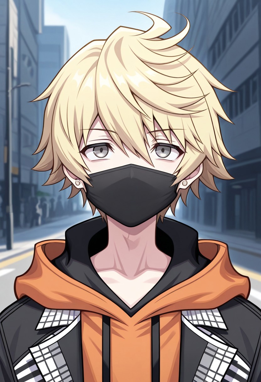 masterpiece,best quality,amazing quality, source_anime,
rindokanade, 1boy, male focus, solo, grey eyes, blonde hair, jewelry, earrings, mouth mask, hoodie, orange hoodie, coat, black and white coat, portrait,
outdoor,