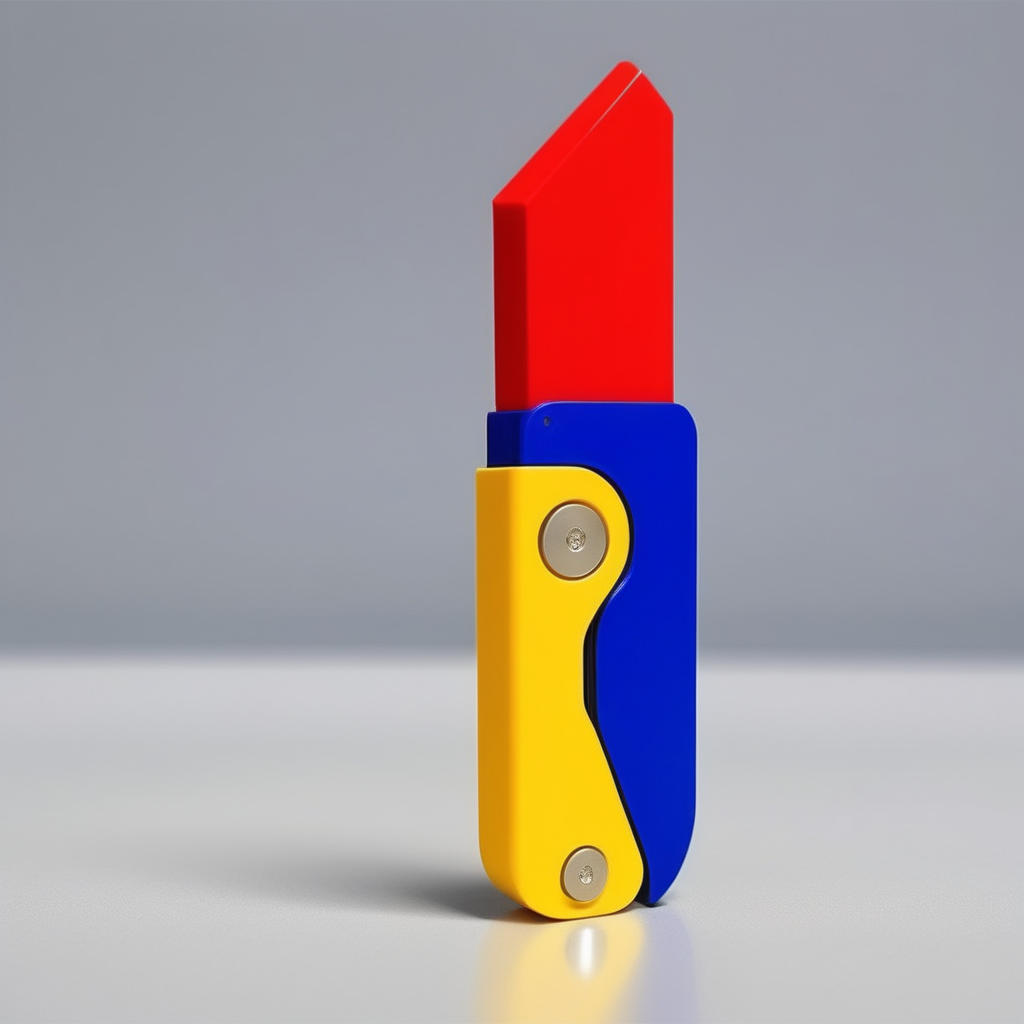 A photorealistic image of a folding knife designed with the bright, cheerful colors commonly found in children's toys. The blade should be safely tucked into its handle, and the handle itself should be vibrant with primary colors like red, blue, and yellow. The knife should be placed inside a box that complements its playful design, perhaps with a clear window to showcase the knife. The box could also have playful designs or patterns on it, making it look like a toy package.,<lora:Luobo_knife3:0.4>