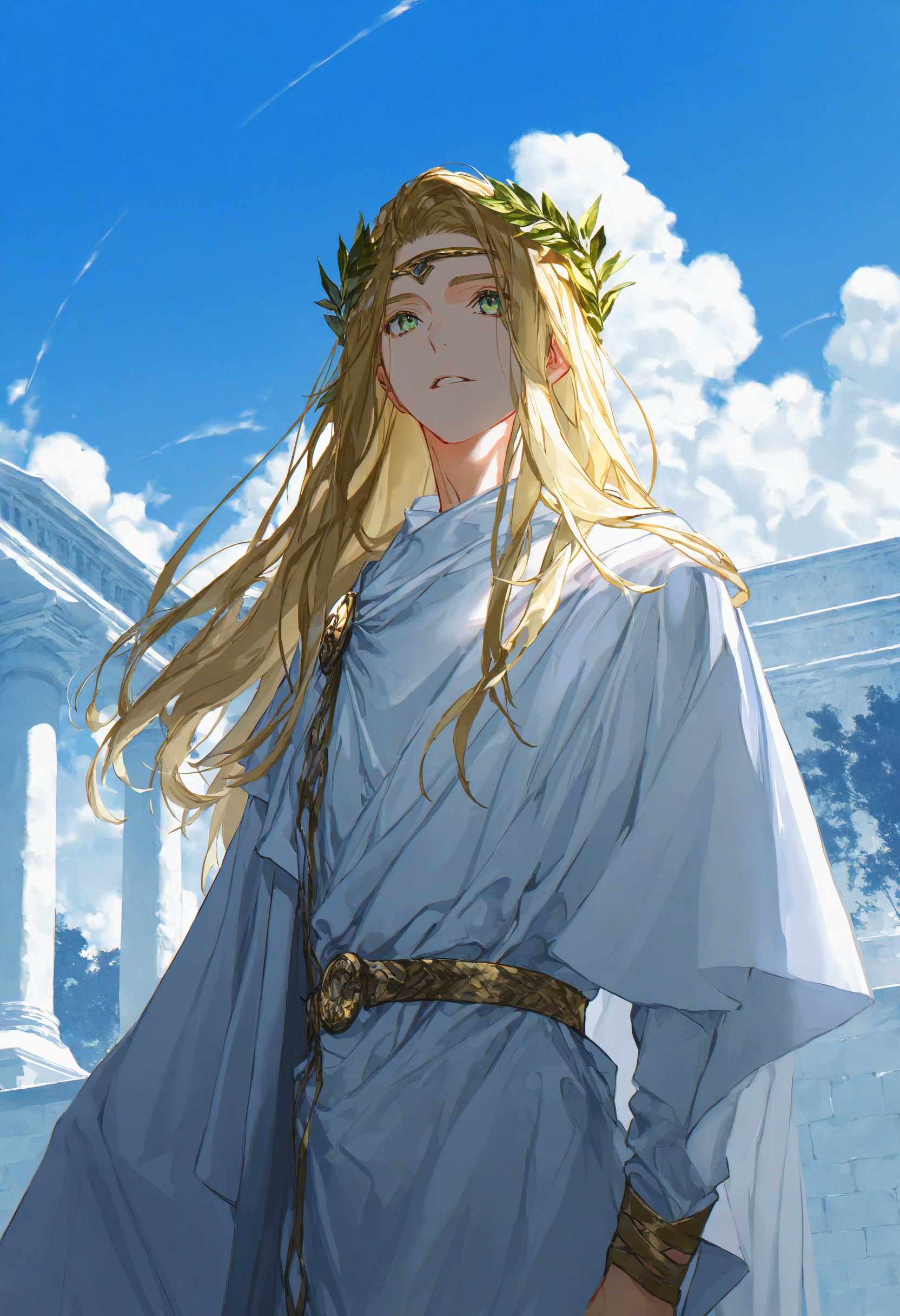 artist:[diyokama|say hana|yoneyama mai|lam|quasarcake],
1boy, ancient greek clothes, solo, blonde hair, long hair, outdoors, male focus, greco-roman clothes, cowboy shot, day, white robe, toga, long sleeves, cloud, circlet, laurel crown, belt, greco-roman architecture, tree shade, outdoors, blue sky,
bright, blue theme, high contrast, backlighting, spot color, impasto,
masterpiece, best quality, very awa, absurdres
<lora:noobai_vpred_1_ ancient_greek_clothes_v1:1>