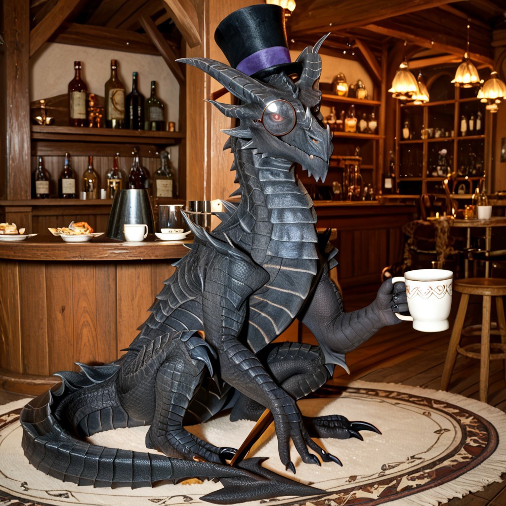 score_9, score_8_up, score_7_up, score_6_up, masterpiece, high quality, realistic, detailed, best quality, solo, rating_safe, source_furry, tavern room, smiling, looking at viewer, behind counter, negative_hand, full body, alduin_skyrim, dragon, black scales, wings, horns, tail, male, 1boy, red sclera, red eyes, wyvern, (no hands, no claws, full body), feral, (monocle, Top hat, round eyewear:1.3),  holding cup of tea, tarven, cup, wood cup