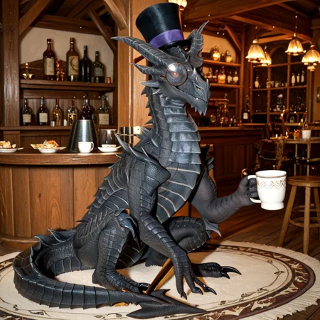 score_9, score_8_up, score_7_up, score_6_up, masterpiece, high quality, realistic, detailed, best quality, solo, rating_safe, source_furry, tavern room, smiling, looking at viewer, behind counter, negative_hand, full body, alduin_skyrim, dragon, black scales, wings, horns, tail, male, 1boy, red sclera, red eyes, wyvern, (no hands, no claws, full body), feral, (monocle, Top hat, round eyewear:1.3),  holding cup of tea, tarven, cup, wood cup