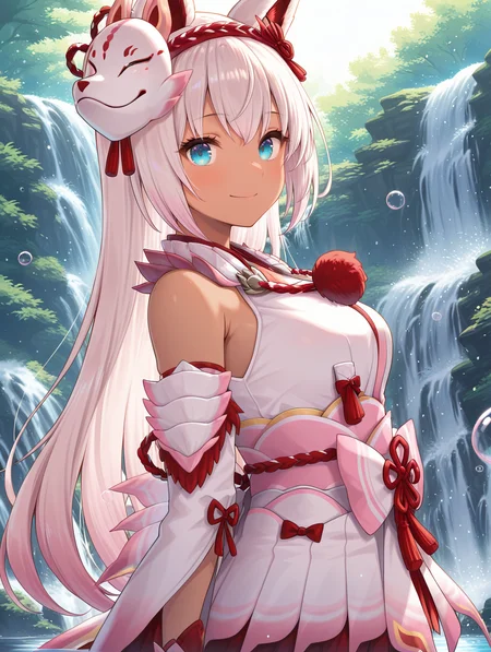 mizutsune gunner armor, 1girl, solo, long hair, smile, fox ears, blue eyes, white hair, looking at viewer, closed mouth, upper body, dark-skinned female, pink hairband, white kimono dress, pink sash bow, white detached sleeves, from side, bubble,waterfall,wading,
masterpiece,best quality,amazing quality,very aesthetic,absurdres,newest,<lora:Mizutsune Armor Beta illuXL v1:0.95>,