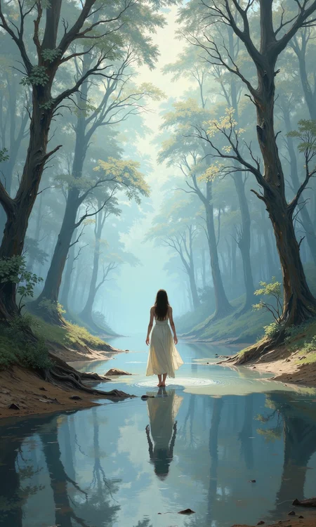 A serene and ethereal landscape. 
A woman, dressed in a flowing white gown, walks along a shallow riverbed, seemingly wading. Her back is to the viewer, and she is positioned centrally in the image.
The river, a cool, muted blue-gray, reflects the soft light filtering through the canopy of trees, creating shimmering highlights on the water's surface. The trees are depicted in muted tones of gray and blue-gray, giving a dreamlike quality.  Their branches reach high into a light-dappled sky, which suggests diffused sunlight.
The overall impression is one of tranquility and mystery, with a gentle ethereal light. The colors are muted pastels, and the details are rendered with a soft, painterly touch that avoids harsh lines. Small patches of dry land and vegetation frame the river.
<lora:FLUX-daubrez-DB4RZ-v2:1> DB4RZ, DB4RZ style painting