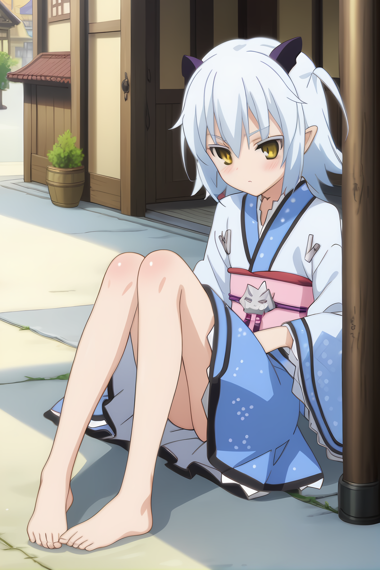 (japanese clothes), mt-shiroyasha, white hair, yellow eyes, short horns, 1girl, solo, skinny, feet, (score_9, score_8, score_7), source_anime, blush, (town), (1.3::full body|sitting|standing|lying|0.6::close-up| :1.20), <lora:mt-shiroyasha-V01-000003:0.90>