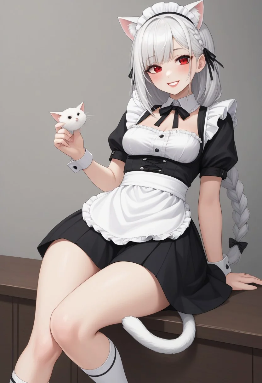 1girl, anime, Whirte hair, braid on the side hair, bangs, medium long hair, White cat ears, Fluff in ears, white cat tail, white skin, small boobs, wide hips, maid outfit , ankle socks, red eyes, semi close eyes , smile, lipstick , blush easynegative,ng_deepnegative_v1_75t