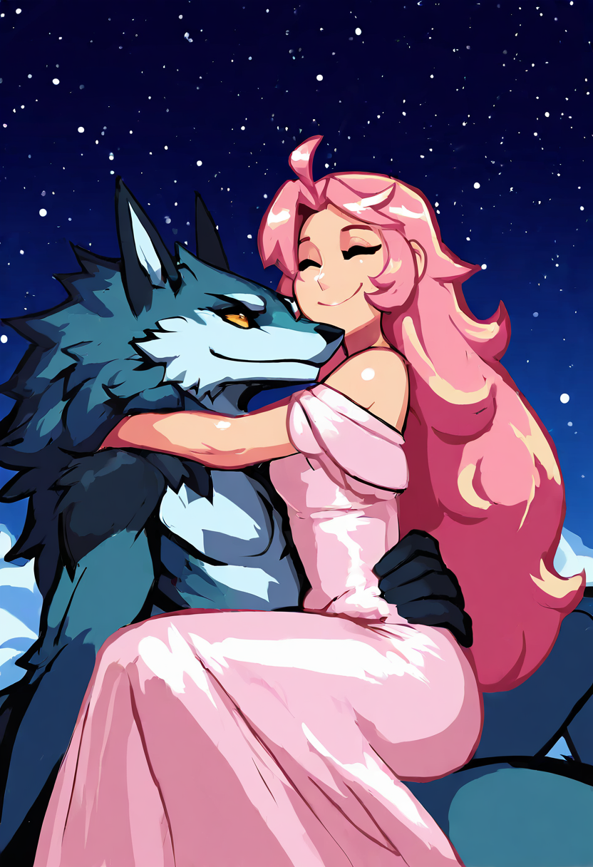 (masterpiece, best quality, good quality, very aesthetic, absurdres, newest:1.2),    <lora:BreedingSeason_NAI:0.8>,   1girl, long hair, pink hair, princess, long dress, smile,  1boy, sitting, tail, closed eyes, ahoge, hug, furry, hug from behind, sitting on person, furry male, sitting on lap, furry with non-furry, blue fur, (upper body:1.3), (very romantic couple on a date under starry sky:1.3)