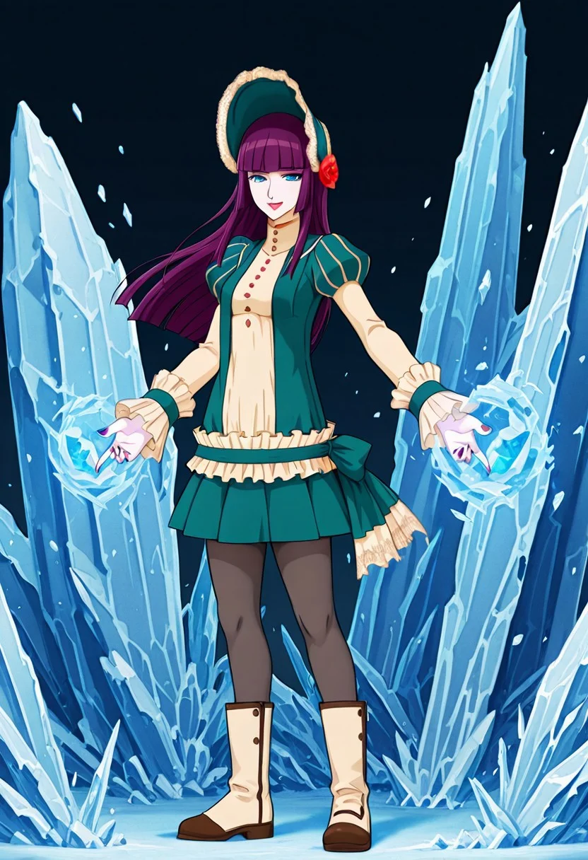 score_9,score_8_up,score_7_up,source_anime,5_figner,2d_animation,game cg,BREKE,1girl,solo,
Loretta Lecarde,purple hair,blunt bangs,hime cut,blue eyes,long hair,red lips.ltfashion,bonnet,pantyhose,red rose,dress,mini skirt,puffy sleeves,button,
small breasts,smile,nail polish,boots,
Magic,crystal,ice,
black background,
masterpiece,best qualit,ultra-detailed,illustration,an extremely delicate and beautiful,beautiful detailed eyes,unity 8k wallpaper,high resolution,anime CG,official_art,