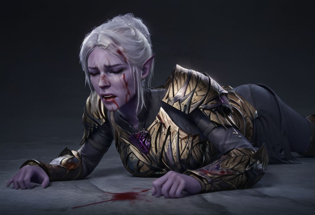 4k, high resolution, dungeon, 1girl, purple skin, white hair, closed eyes, medium natural breasts, brow bleeding, lower lip bleeding, blood on face, unconsious expression, mouth open,
smooth, ((highly detailed)), ((view from side and above)), ((masterpiece)), perfect, highest quality, ((wearing armor)),  female prone on the floor knocked down, uncosious, ragdoll pose,
 Female's helmet andweapon dropped nearby