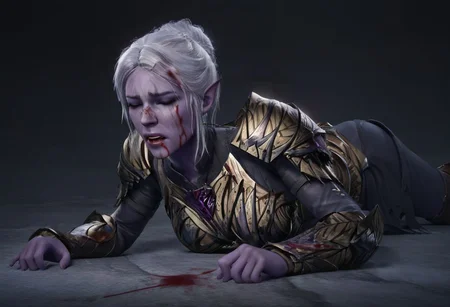 4k, high resolution, dungeon, 1girl, purple skin, white hair, closed eyes, medium natural breasts, brow bleeding, lower lip bleeding, blood on face, unconsious expression, mouth open,
smooth, ((highly detailed)), ((view from side and above)), ((masterpiece)), perfect, highest quality, ((wearing armor)), female prone on the floor knocked down, uncosious, ragdoll pose,
Female's helmet andweapon dropped nearby