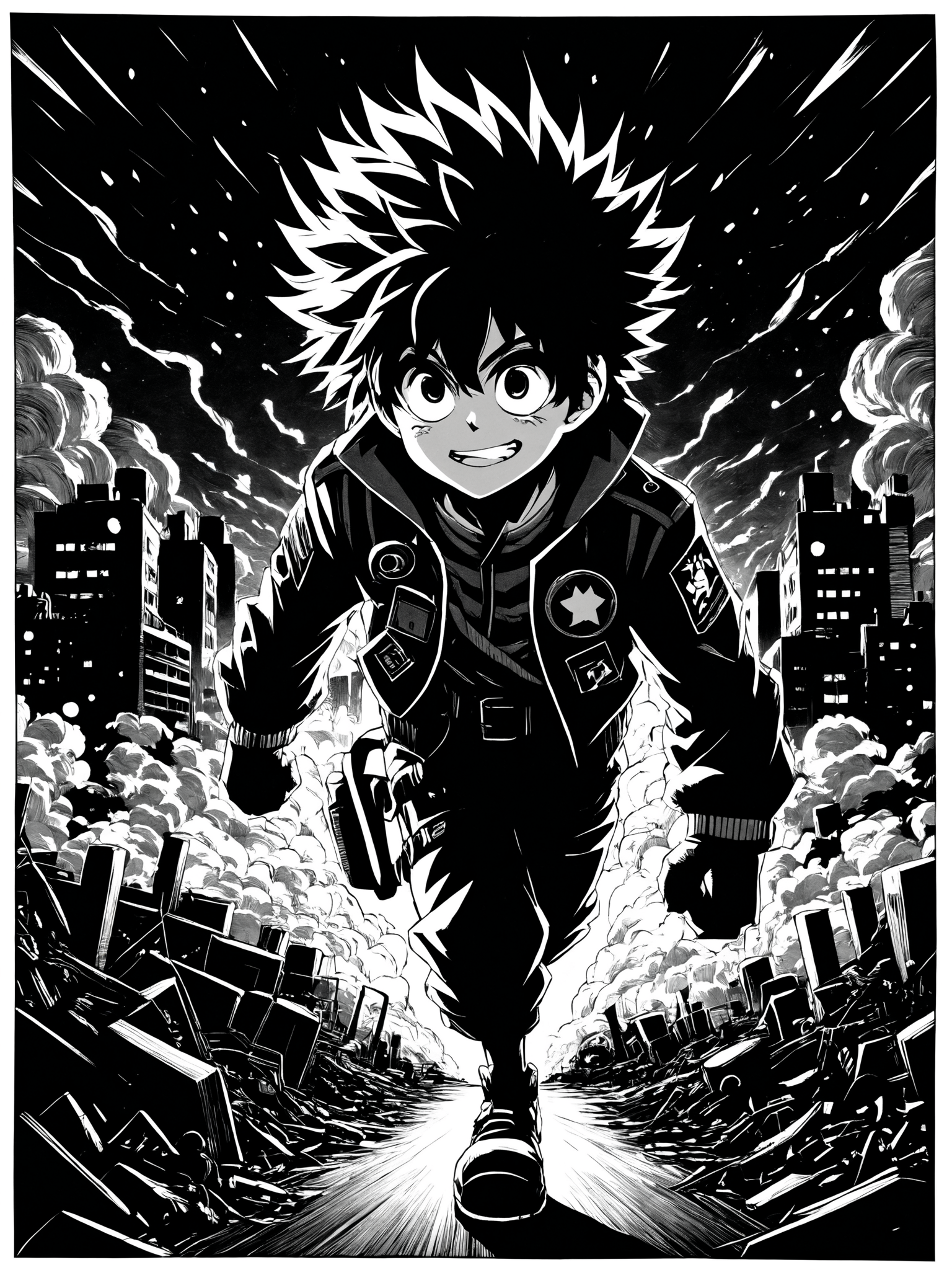 flat scan of Izuku Midoriya in a dark street, doodle drawn on a paper with black magic paper, black background, black and white,
from a nuclear detonation, illustrated with a fusion of graphic novel aesthetics characterized by bold compositions and dynamic poses, combined with detailed, clean line work, elevated by filmic illumination and a restrained chromatic scheme.
 <lora:grainy-v1:0.9>