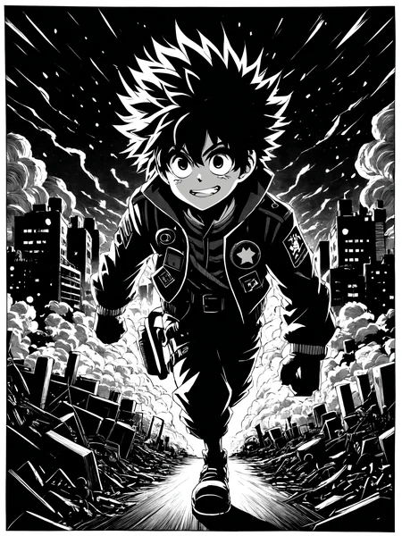 flat scan of Izuku Midoriya in a dark street, doodle drawn on a paper with black magic paper, black background, black and white,
from a nuclear detonation, illustrated with a fusion of graphic novel aesthetics characterized by bold compositions and dynamic poses, combined with detailed, clean line work, elevated by filmic illumination and a restrained chromatic scheme.
<lora:grainy-v1:0.9>