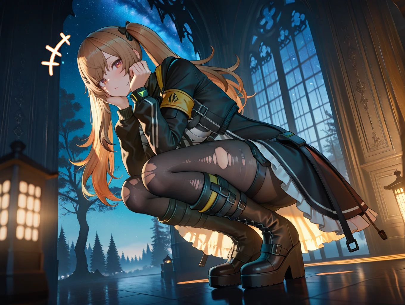 best quality,amazing quality,cinematic,very aesthetic,absurdres,newest,huge filesize,highres,sensitive,
<lora:SQ2-000048:1>,3D,SQ2,
1girl,solo,aged up,ump9 \(girls' frontline\),dress,gothic,torn pantyhose,knee boots,platform footwear,squatting,on floor,hands up,head on hand,looking at viewer,:/,indoors,gothic architecture,depth of field,masterpiece,best quality,amazing quality,
tree,starry_sky,forest,tree,light leaks,(best shadow:1.2),cinematic lighting,ray tracing,+++,macro_shot,from_below,
