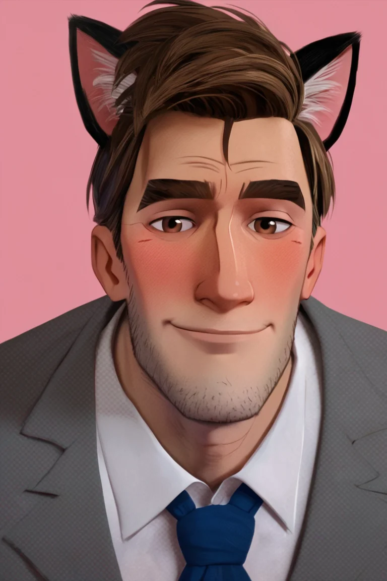 score_9, score_8_up, score_7_up, peterbparker, 1boy, solo, male focus, mature male, short hair, brown hair, brown eyes, thick eyebrows, facial hair, stubble, formal, collared shirt, grey suit, looking at viewer, smile, standing, upper body, smile, blush, cat ears, animal ears, pink background, simple background <lora:Spider-Man (Peter B. Parker) v1.1 HQ LoRA_Pony XL v6:0.8>