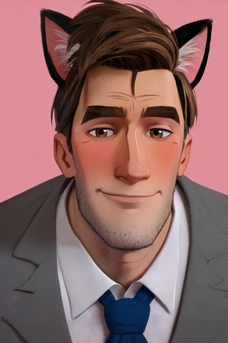 score_9, score_8_up, score_7_up, peterbparker, 1boy, solo, male focus, mature male, short hair, brown hair, brown eyes, thick eyebrows, facial hair, stubble, formal, collared shirt, grey suit, looking at viewer, smile, standing, upper body, smile, blush, cat ears, animal ears, pink background, simple background <lora:Spider-Man (Peter B. Parker) v1.1 HQ LoRA_Pony XL v6:0.8>