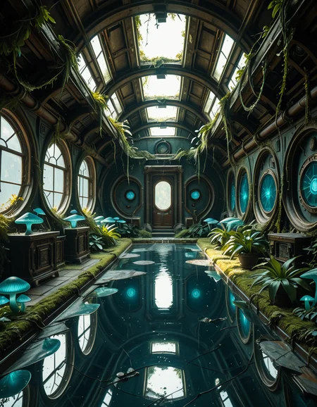 The interior of an ancient abandoned spaceship, overtaken by lush vegetation. The walls and ceiling are covered in thick, twisting vines and moss. Strange alien plants glow faintly in shades of blue and green, casting an eerie, mystical light across the metallic surfaces. Rusted control panels and shattered glass windows hint at a long-forgotten past. The floor is cracked and partially flooded with still, reflective water. Patches of bioluminescent fungi cling to the corners, adding a surreal atmosphere. The air feels heavy with moisture, and beams of soft, diffused light filter through holes in the hull, creating dramatic shafts of light and shadow. The overall style is hyper-realistic, rich in textures, with a cinematic and slightly melancholic mood.<lora:SDXLFaeTastic2400:0.4> <lora:extremely_detailed:0.4> extremely detailed,ancient abandoned sp4c3sh1p, <lora:ancient_abandoned_sp4c3sh1p-i:1>, Masterpiece,best quality,hi res,8k,hi res,8k,award winning,(sharp focus, intricate, highly detailed),