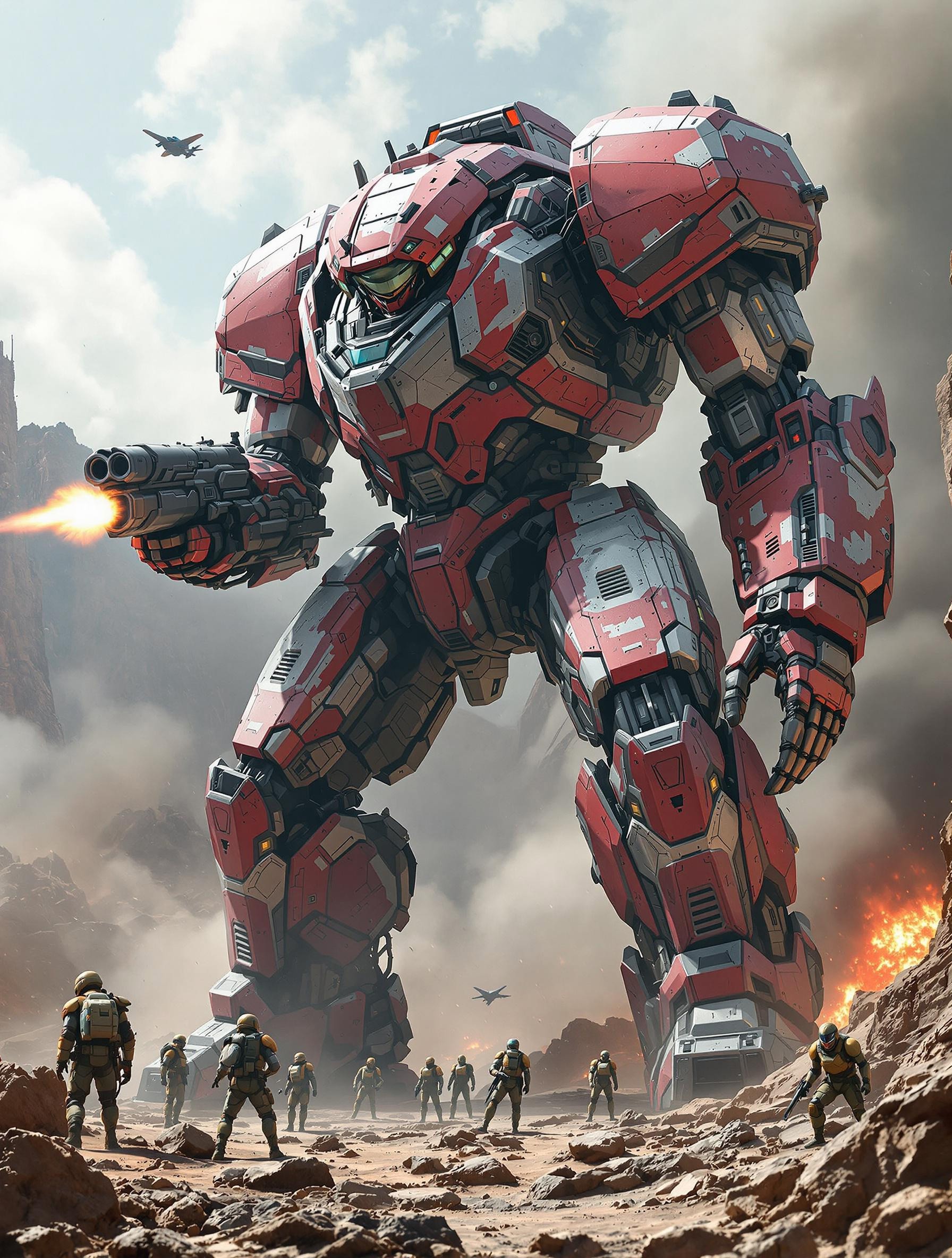 intricately detailed digital image, absurdres, HD32K 8K,  a giant battered red and silver mecha, robot, holding rocket launcher, aiming at viewer, firing rocket,  on sci-fi rocky planet, surrounded by soldiers in sci-fi futuristic body armor, size difference, smoke, explosions, ruins, armored vehicles, military aircraft