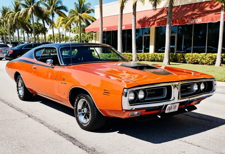ClassicMuscleCar gleaming orange Dodge Charger, side front view, sunny Miami avenue, palm trees, 4K, highly detailed, (stylish grainy analog 35mm film photo)
