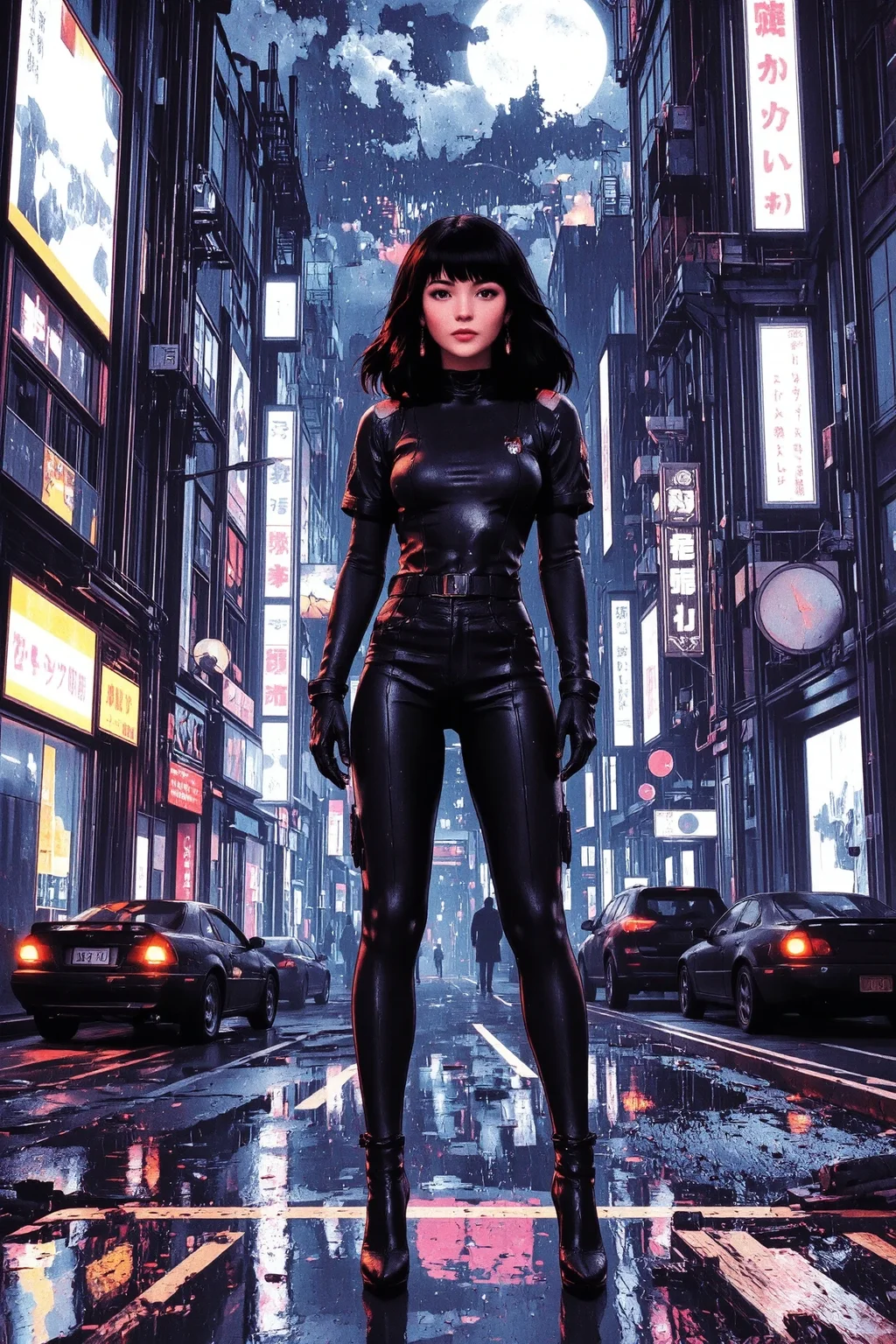 choppy bob brown hair young cyberpunk woman, anime, illustration, cyberpunk, futuristic, extremely detailed, portrait, standing, happy smile, beautiful cyberpunk tokyo buildings landscape, wet floor, windows, car, motorbike, moon in the sky, bright neon lights, screen holograms, kanjis, raytracing, hdr, high contrast, cinematic lights, backlight, reflections, legs, heels, sharp focus, luminous Light Zerg Purple robot glossy brilliant armor, body lights, body circuits, glossy lipstick, necklace, huggie earrings, colorful, retrowave, shadows, vibrant colors, colorful, bright, pretty, beautiful, feminine, sexy, lovely, in love, adorable, fashion, <lora:Hand v2:1> <lora:Anti-Blur:2> <lora:Insane Detail Slider:0.5> <lora:flux.1_lora_flyway_Epic-detail_v2:0.3><lora:fluxenhancer:0.5> <lora:RetroAnimeFluxV1:0.3> <lora:CPA:0.6> <lora:Luminous_Shadowscape:0.3> <lora:Neon_Noir_FLUX:0.4> mad-neon-noir <lora:bv-cybstyenh-v1_rank16_bf16:0.3>
