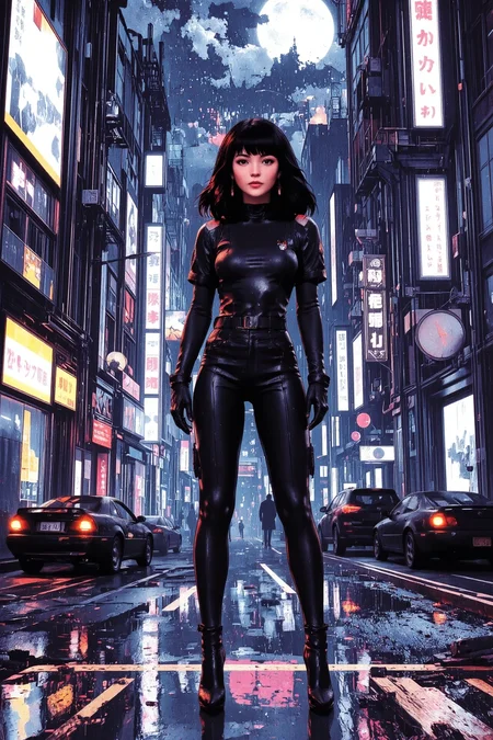 choppy bob brown hair young cyberpunk woman, anime, illustration, cyberpunk, futuristic, extremely detailed, portrait, standing, happy smile, beautiful cyberpunk tokyo buildings landscape, wet floor, windows, car, motorbike, moon in the sky, bright neon lights, screen holograms, kanjis, raytracing, hdr, high contrast, cinematic lights, backlight, reflections, legs, heels, sharp focus, luminous Light Zerg Purple robot glossy brilliant armor, body lights, body circuits, glossy lipstick, necklace, huggie earrings, colorful, retrowave, shadows, vibrant colors, colorful, bright, pretty, beautiful, feminine, sexy, lovely, in love, adorable, fashion, <lora:Hand v2:1> <lora:Anti-Blur:2> <lora:Insane Detail Slider:0.5> <lora:flux.1_lora_flyway_Epic-detail_v2:0.3><lora:fluxenhancer:0.5> <lora:RetroAnimeFluxV1:0.3> <lora:CPA:0.6> <lora:Luminous_Shadowscape:0.3> <lora:Neon_Noir_FLUX:0.4> mad-neon-noir <lora:bv-cybstyenh-v1_rank16_bf16:0.3>