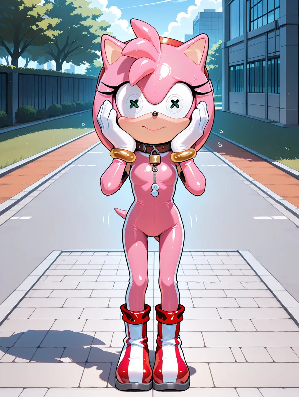 masterpiece, best quality, amazing quality, very aesthetic, absurdres, new, newest, 1boy, solo, sonic the hedgehog, <lora:living_plushies2:1> <lora:LoraBYIL_living_inflatable:1> <lora:ILL:1> shiny, pink latex skin, pink latex fur, living inflatable, bylivinginflatable, animate inanimate, living plushie, collar, zipper, public background, outdoors, mask, (button eyes:1.75), cosplay, covered face, padlock, animal collar, covered neck, full body, amy rose, sonic \(series\), <lora:On-model_Sonic_Characters:1>