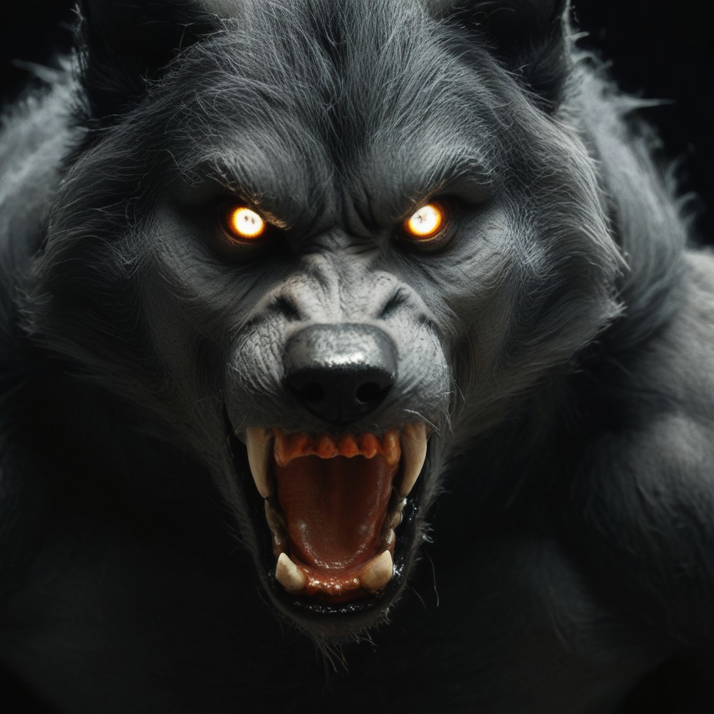 horror movie, still ,werewolf ,photo ,score_9_up ,score_8_up, score_7_up, action scene ,movie still ,no humans ,open mouth teeth, wolf looking at viewer realistic glowing solo glowing eyes black background horror (theme) animal focus animal sharp teeth white eyes fangs realistic nsfw muscular male muscular penis large pectorals male focus abs nipples pectorals bara best quality masterpiece 4k uncensored prefect lighting rating_explicit horror very aesthetic
