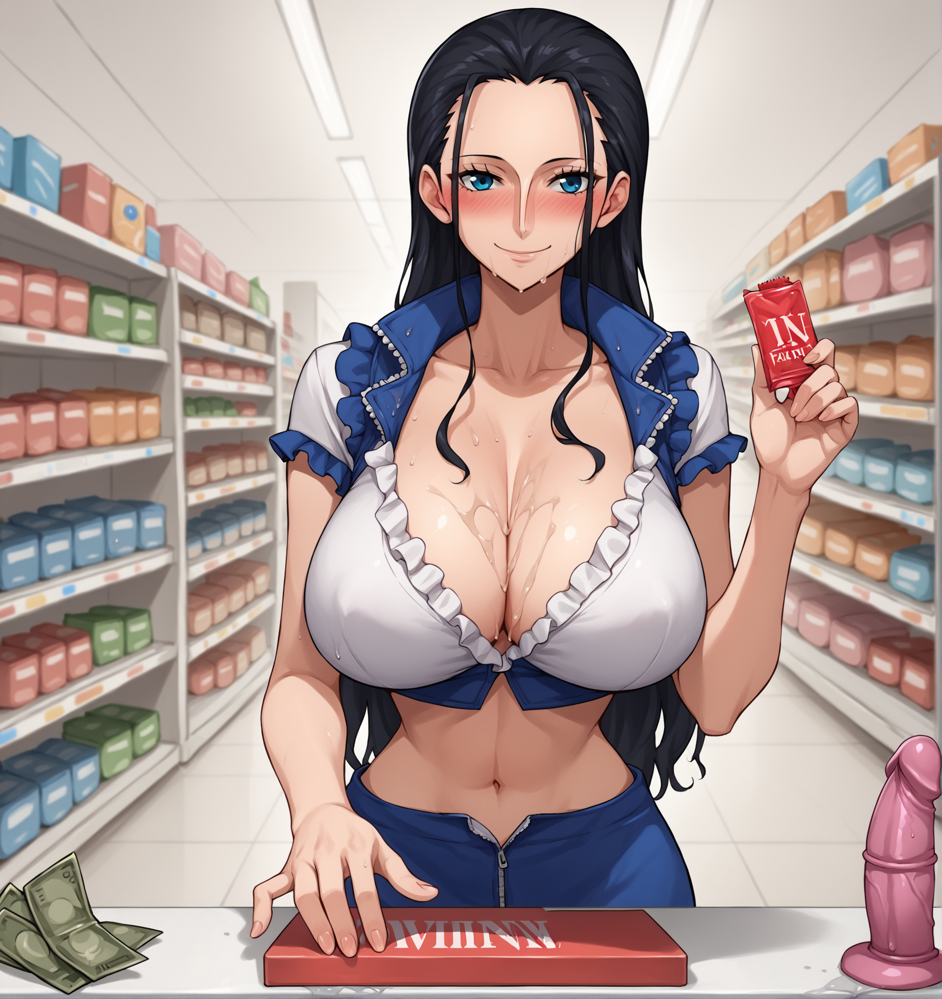 score_9, score_8_up, score_7_up, source_anime BREAK 1girl, solo, condom box, looking at viewer, nico robin, smile, blue eyes, long hair, black hair, large breasts, crop top, perky breasts, okamoto condoms, dildo, money, lotion, <lora:Buying_Condoms:0.7>, frills, blush, indoors, convenience store, rating_questionable