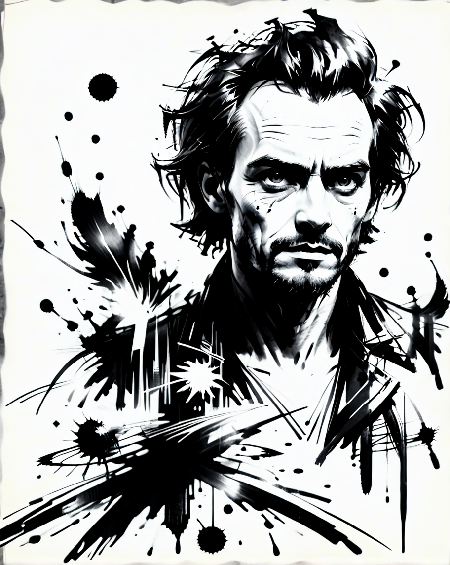 concept art, black and white, black ink and brush style, the face of a 85 year man who has been struggling through the bleak dreary drudgery of life, square shaped face, detailed skin, detailed skin texture, skin pores, vellus hair, crystal clear light grey eyes, (leathery skin, worn damaged skin, thin paper like skin , wrinkled skin, loose skin:1.3) sunken eyes, flat bulbous nose, crooked nose, high cheekbones, (sunken cheeks:1.3), prominent chin, deep worry lines, gaunt, broken, (long hair, full head of hair, thick hair, white hair, wild wiry hair, hair sticks straight up like a mad scientist, unkempt hair:1.3),  (long wiry white beard, messy wild beard, big thick wildly bushy eyebrows, grey eyebrows, thick visible ear hair, long visible nose hair:1.3), thin sunken lips like, has no teeth, (prominent underbite:1.3), it feels like everything and everyone has been trying to drag him down as he just tried his best to get through every damn day, dark, ominous, wrinkled denim jean shirt,   <lora:monochromemuse:0.7> monochromemuse, monochrome, greyscale, ink splatter