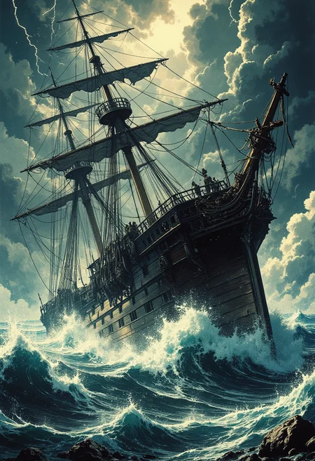 gritty, a colossal ship battered by a relentless, apocalyptic storm, its hull breaking through monstrous waves that crash violently against it. The sky is a chaotic swirl of dark, menacing clouds, illuminated by jagged bolts of lightning that streak across the scene. The sea churns with frothing, turbulent water, splashing high into the air and engulfing the deck. Shattered masts and torn sails whip wildly in the gale-force winds, while the ship tilts precariously, on the verge of capsizing. The entire image is drenched in motion, noise, and chaos, with no calm or clarity, as nature's fury swallows the vessel whole.