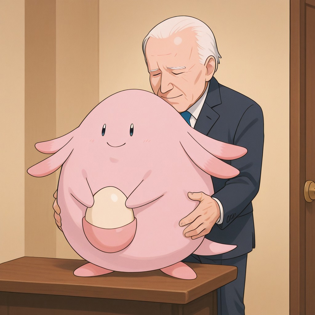 Old Man Smelling another's hair, Chansey, Pokemon (Creature), dot eyes, smile, standing on table, Presidentail Man Smelling Chansey, smelling from behind, Old Man's hands holding Pokemon, High Quality