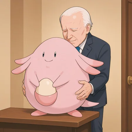 Old Man Smelling another's hair, Chansey, Pokemon (Creature), dot eyes, smile, standing on table, Presidentail Man Smelling Chansey, smelling from behind, Old Man's hands holding Pokemon, High Quality