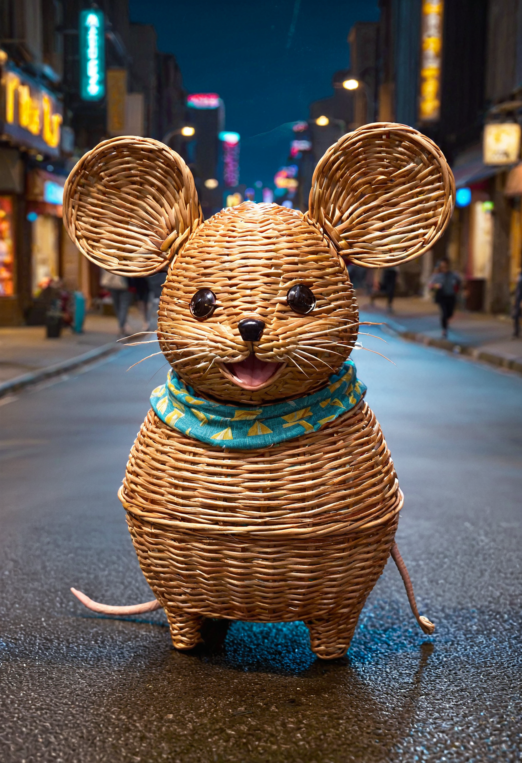 wkrstyle, a wicker mouse, big ears, cute smile, running on a street, near a car, futuristic city, neon lights, dark atmosphere 