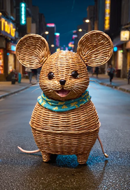 wkrstyle, a wicker mouse, big ears, cute smile, running on a street, near a car, futuristic city, neon lights, dark atmosphere