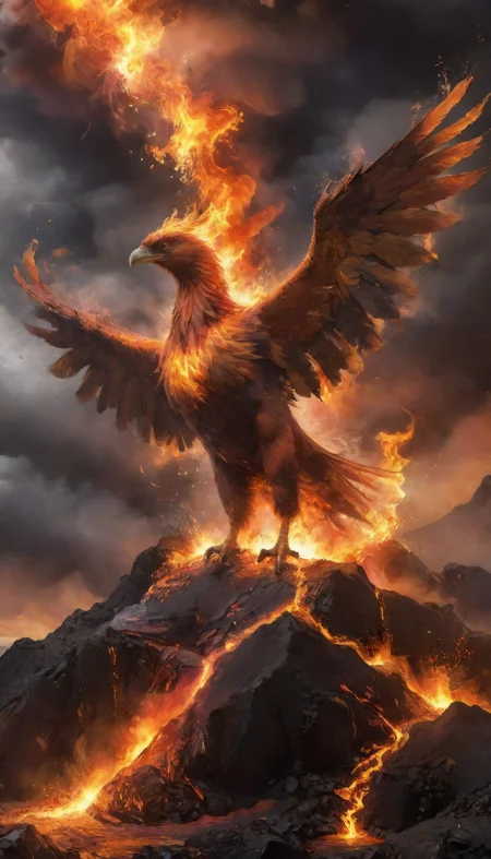 <lora:add-detail-xl:1>,<lora:lcm-lora-sdxl:1>,masterpiece,(phoenix erupting from a volcano),dynamic,powerful,vibrant,