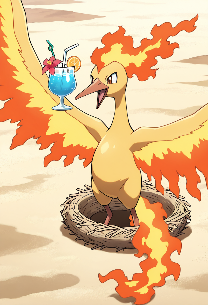 masterpiece, best quality, anime screenshot, solo,   zzMoltres, nest, beach, tropical planets, tropical drink, happy,   ,<lora:MoltresPokedex_IXL_v1:1.0>,