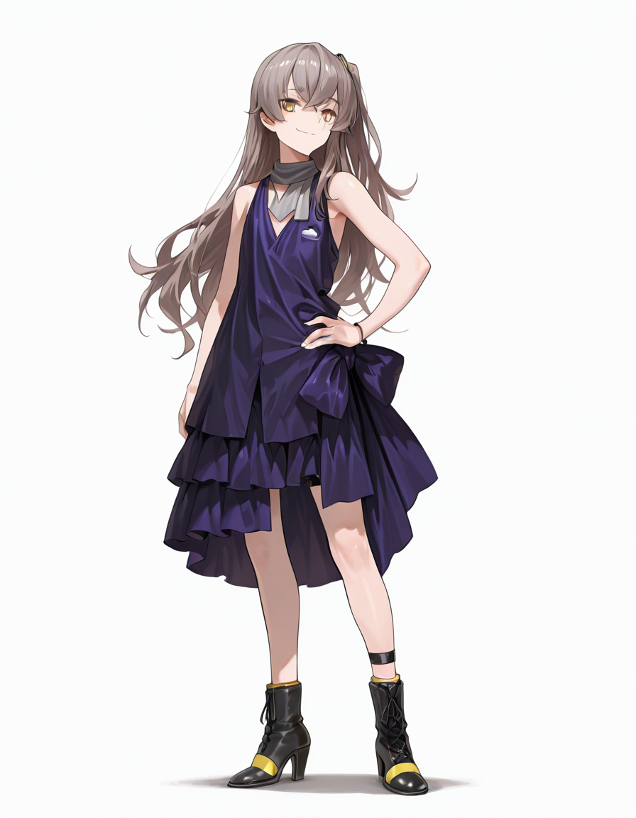 Volumetric Lighting, (masterpiece), (best quality), (ultra-detailed), masterpiece, source_anime, score_9, score_8_up, score_7_up BREAK, illustration, disheveled hair, detailed eyes, perfect composition, moist skin, intricate details, detailed eyes, detailed face, detailed fingers BREAK, UMP45, brown hair, long hair, one side up, yellow eyes, scar across eye BREAK, DiamondFlower, DF_dress, DF_dress_bow, DF_scarf, DF_hair_ribbon, DF_ankle_strap, DF_thigh_strap, DF_bracelet, DF_high_heel_boots BREAK, ((white background)), looking at viewer, smile, closed mouth, standing, shadow, hand on hip