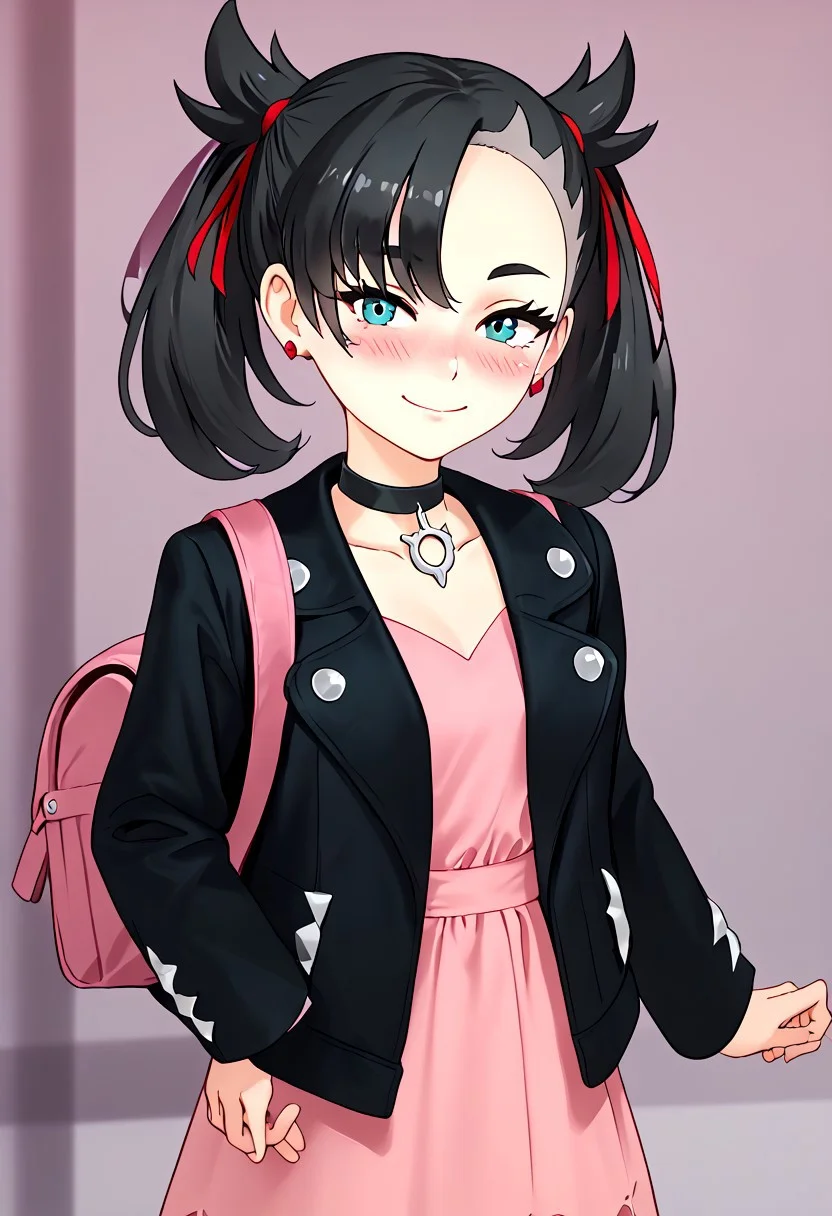 score_4,score_5,score_6,score_7_up,score_8_up,score_9 ((masterpiece,best quality,ultra detailed,highres,HD,4k:1.2)), 
1 girl,solo,face focus,
pokemonmarnie, aqua eyes, asymmetrical bangs, asymmetrical hair, black hair, hair ribbon, long hair, red ribbon, ribbon, twintails,
backpack, bag, black choker, black jacket, choker, dress, earrings, jacket, jewelry, long sleeves, open clothes, pink bag, pink dress,
smile,blush,Put your fingers on your mouth, put both fingers on the corners of your mouth, stretch the corners of your mouth with your fingers,