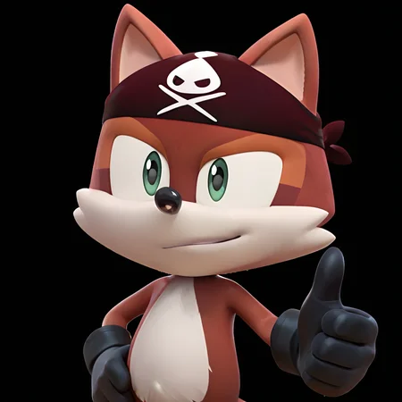 <lora:Jack_the_Raccoon_Sonic_Prime_-_Illustrious:1> 1boy, Jack, gloves, Bandana, portrait, thumbs up, hand on own hip, looking at viewer, smirk, black background, 5 fingers, masterpiece, masterwork