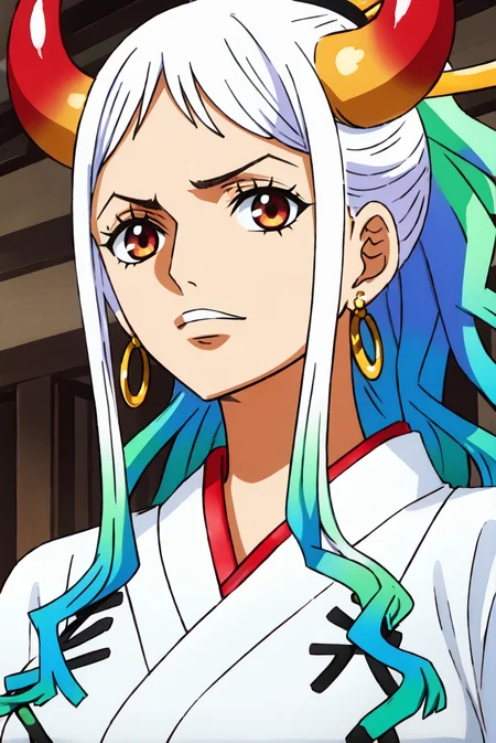 1girl, yamato_5000, white hair, green hair, gradient hair, horns, wanostyle, ring earrings, ((masterpiece)), ((best quality)), extremely detailed, bloom,  kimono, traditional clothing, depth of field, sketch, dark intense shadows, sharp focus, soft lighting, hdr, colorful, good composition, solo, indoors, upper body, <lora:wanostyle_2_offset:0.8>