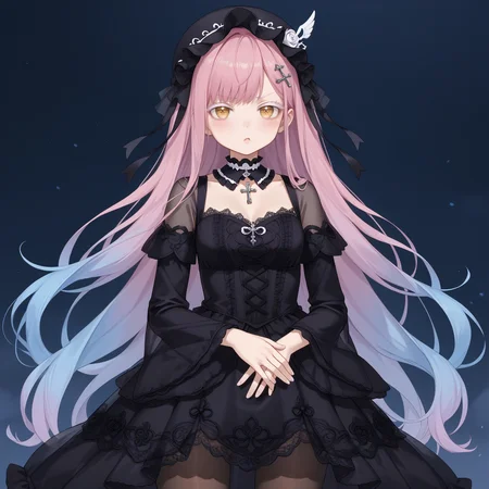 1girl,solo,
(score_9,score_8_up,score_7_up, source_anime,rating_all),
BREAK
portrait,pout,
blush,
<lora:hyxkaoru-final-psplive-pony6-flyingdeer-e26p-r2:0.65>,
very long hair,bangs,
(pink hair, (blue hair:0.55), gradient hair, multicolored hair),
hair ornament,
yellow eyes,cross-shaped pupils,
((white eyelashes:1.05), (white eyelash:1.05)),
(necklace, jewelry, (purple gem:0.15)),
((gothic fashion:0.1), (gothic gothic:0.1)),
HYXKaoruBlack,
(black headwear, see-through headwear),
(see-through dress, frills, lace trim),
(detached collar, black choker, lace choker),
(long dress, black dress, long sleeves, wide sleeves),
black ribbon,
(pantyhose, black pantyhose, (black stockings:0.55)),
BREAK
(gothic:0.55),