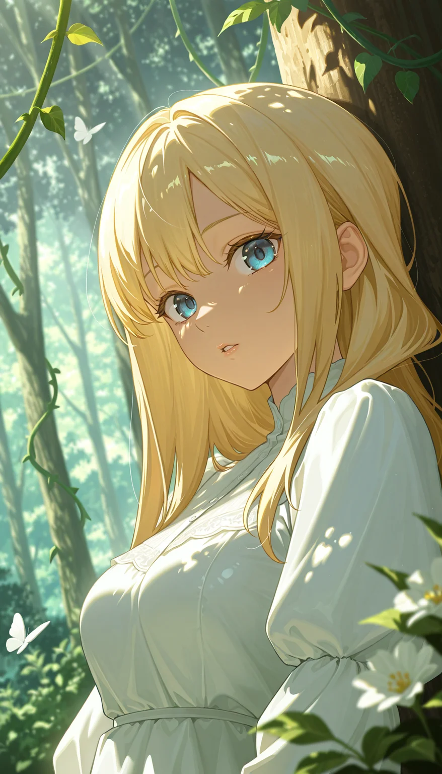 masterpiece, best quality, amazing quality, very aesthetic, high resolution, ultra-detailed, absurdres, newest, scenery, anime, anime coloring, (dappled sunlight:1.2), rim light, backlit, dramatic shadow, 1girl, long blonde hair, blue eyes, shiny eyes, parted lips, medium breasts, puffy sleeve white dress, forest, flowers, white butterfly, looking at viewer, leaning side against tree, vines, green, arms, upper body, close-up, dutch angle, shiny skin, BREAK, eyes, lips, dramatic shadow, detailed eyes, detailed hair, depth of field, vignetting, volumetric lighting