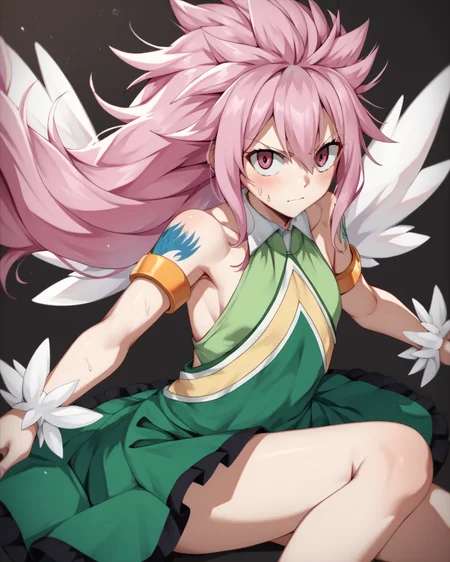 score_9, score_8_up, score_7_up, score_6_up, score_5_up, score_4_up, BREAK source_anime,
<lora:Wendy_Marvell_dragon_force_PONY:1>,Wendy Marvell, 1girl, solo, long hair,pink eyes, pink hair,spiked hair,White wings,green dress,bare shoulders,armlet,tattoo,