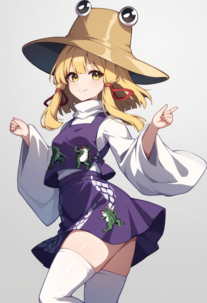 score_9,score_8_up,score_7_up,<lora:touhou_146:1>,1girl, absurdres, animal_print, blonde_hair, closed_mouth, frog_print, grey_background, high-waist_skirt, highres, long_sleeves, looking_at_viewer, medium_hair, moriya_suwako, purple_skirt, purple_vest, ribbon-trimmed_sleeves, ribbon_trim, shirt, simple_background, skirt, smile, solo, thighhighs, turtleneck, vest, white_background, white_shirt, white_thighhighs, wide_sleeves, yellow_eyes