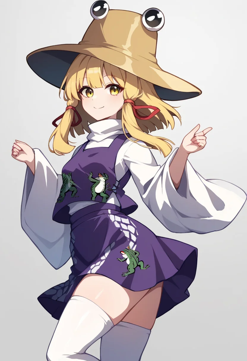 score_9,score_8_up,score_7_up,<lora:touhou_146:1>,1girl, absurdres, animal_print, blonde_hair, closed_mouth, frog_print, grey_background, high-waist_skirt, highres, long_sleeves, looking_at_viewer, medium_hair, moriya_suwako, purple_skirt, purple_vest, ribbon-trimmed_sleeves, ribbon_trim, shirt, simple_background, skirt, smile, solo, thighhighs, turtleneck, vest, white_background, white_shirt, white_thighhighs, wide_sleeves, yellow_eyes