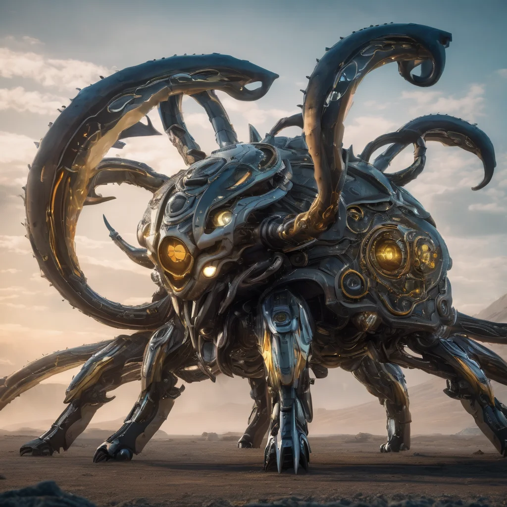 ((best quality)), ((masterpiece)), ((realistic)), (detailed), Colossal Nocturnal Biomimetic Industrial Irregular, Octopod Bimanual, Multi-Jointed Appendages, nine-Tailed Short-Tailed, Exoskeleton, Dog Ears, Spiral Horns , ((masterpiece)), 8K, HDR