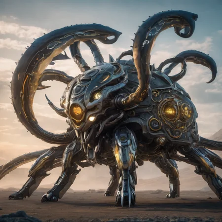 ((best quality)), ((masterpiece)), ((realistic)), (detailed), Colossal Nocturnal Biomimetic Industrial Irregular, Octopod Bimanual, Multi-Jointed Appendages, nine-Tailed Short-Tailed, Exoskeleton, Dog Ears, Spiral Horns , ((masterpiece)), 8K, HDR