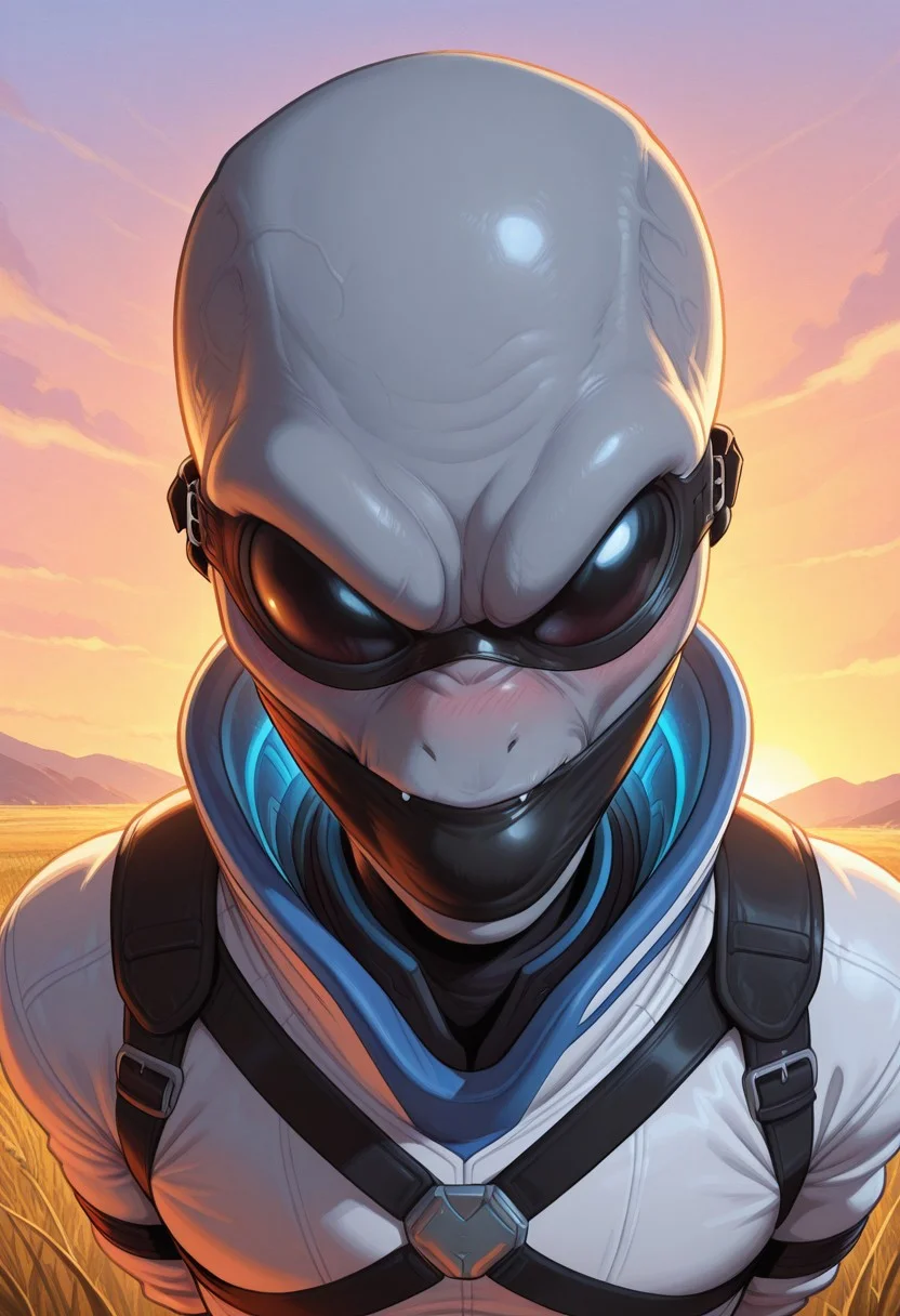 masterpiece, best quality, amazing quality, very aesthetic, dynamic lighting, absurdres, newest, 1boy, solo, crypto, 1boy, male, solo, alien, grey alien, leather blindfold, mature male, embarrased expression, outdoors, muscular, farmstead,over the mouth gag, close up on upper half, portrait, w0lfc0nf, blushing, arms tied behind back, harness,