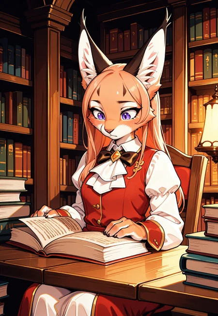 masterpiece, best quality, amazing quality, very aesthetic, absurdres, newest, BREAK 1girl, solo, Furry Mix, anthro, furry female, cute, masterpiece, fantasy setting, detailed background, library, (caracal), anthro feline, body fur, detailed fur, long hair, scholar outfit, sitting at the table, reading book, looking down, (puzzled expression),