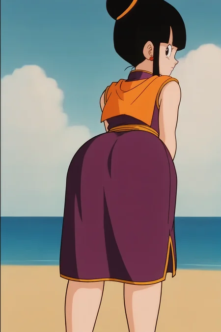 source_anime, score_9, score_8_up, score_7_up, anime screencap,8k, absurd res,
chi-chi, 1girl, solo, looking at viewer, bangs, black hair, blue sky, looking back, standing, full body, sidelocks, earrings, blunt bangs, hair bun, black eyes, red bracelet, crossed arms, single hair bun, purple dress, orange neckerchief, orange sash, sleeveless, island, ocean, sand, from behind
<lora:chichi_pony_v2:0.8>