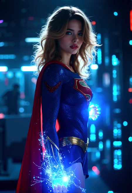 Photorealistic portrayal of Superwoman, her iconic blue and red suit glowing subtly as her body starts to dissolve into streams of digital code, with a backdrop of a dark, neon-lit digital world symbolizing the convergence of heroism and technology.
Superwoman holding a glowing digital artifact in one hand, as her legs dissolve into cascading binary streams, blending her with the surrounding tech environment.
The background circuits softly pulsing with light, creating a rhythm that complements Superwoman’s transformation into digital code and adds a sense of movement to the scene.
A medium shot capturing Superwoman’s upper body, with the focus on the point where her body begins to transform into digital code, while the glowing background adds depth and contrast.
wavy blonde hair,
cinematic lighting, extremely intricate detail character, accurate depiction of character, correct body anatomy, correct hands and fingers, extremely intricate skin and facial texture detail, design,lifelike potrayal, extrememly realistic lighting, extreme dynamic pose, sfw, fully clothes, sharp background detail, wide shot