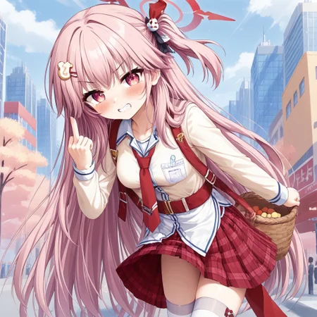 Best quality, ultra HD,source_anime, morizuki suzumi (from blue archive),1 girl, very cute,long pinkhair,side tail hair, basket ball outfit,pleated short skirt, stripped white Thigh high sock, middle finger,flat expresion , cleanch teeth, disgust face,:o,city distric background,frowning,